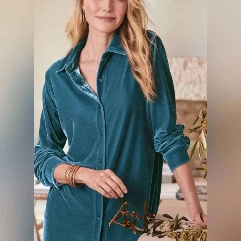 Soft Surroundings Women’s Velvet Mint Green Boyfriend Tunic Top Blouse Medium